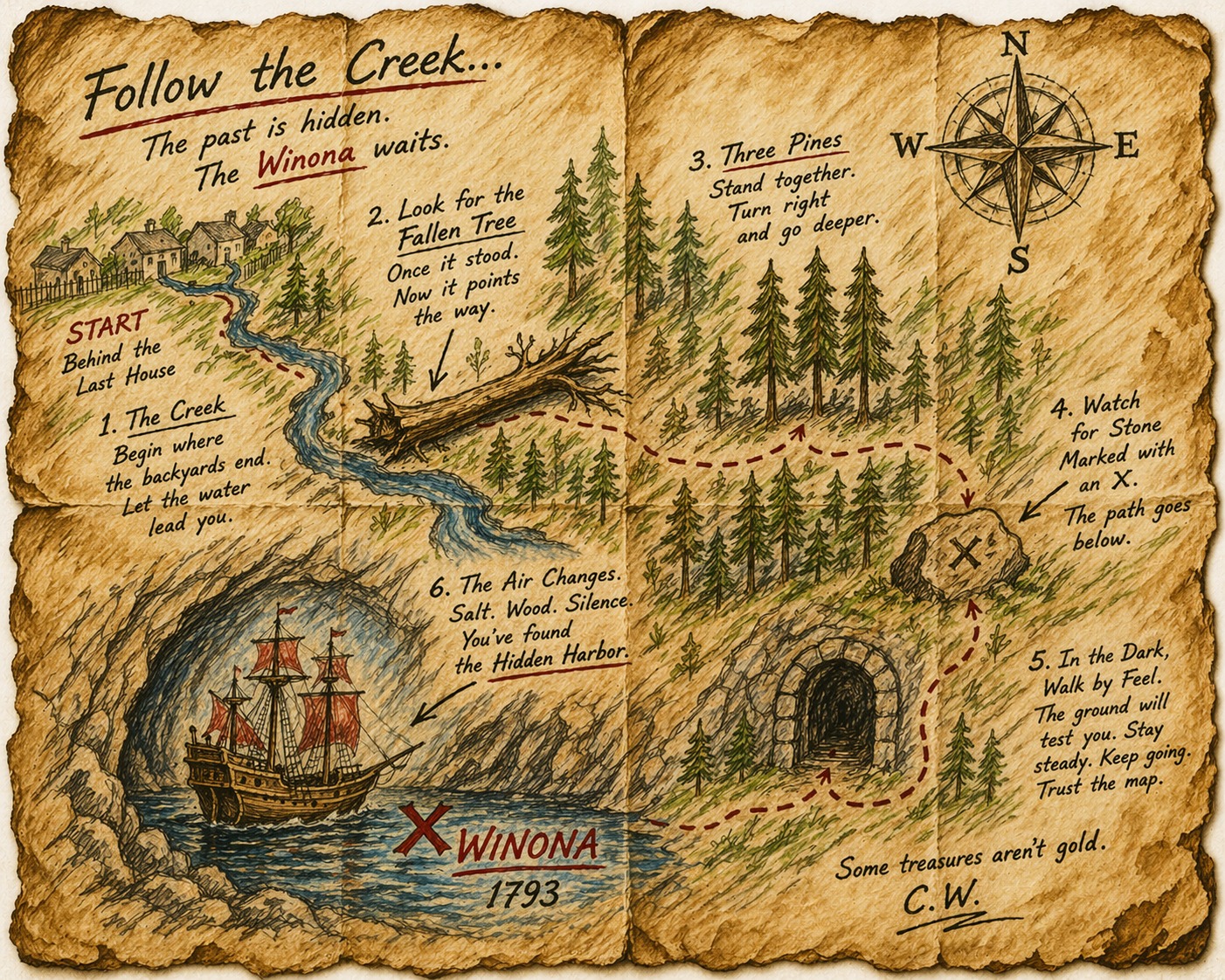 Treasure map — Follow the Creek to the Hidden Harbor and the Winona