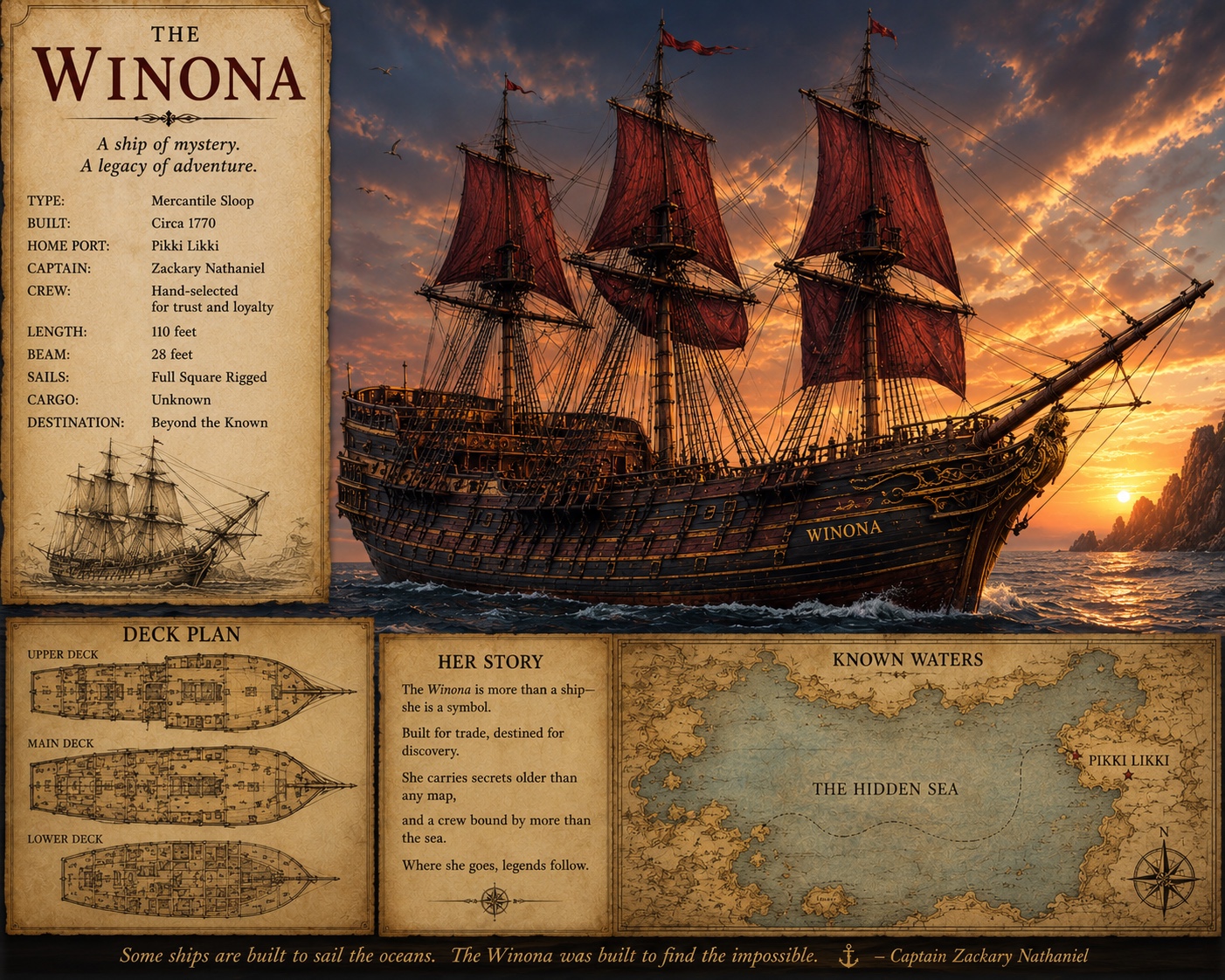 The Winona — mercantile sloop, full square rigged, sailing into the sunset